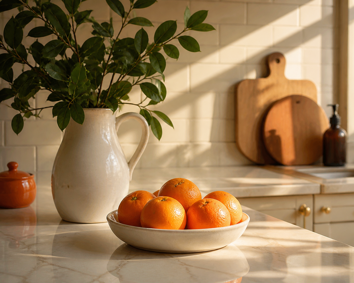 A freshly cleaned cream kitchen with a bowl of tangerines and leafy stems in a ceramic pitcher.