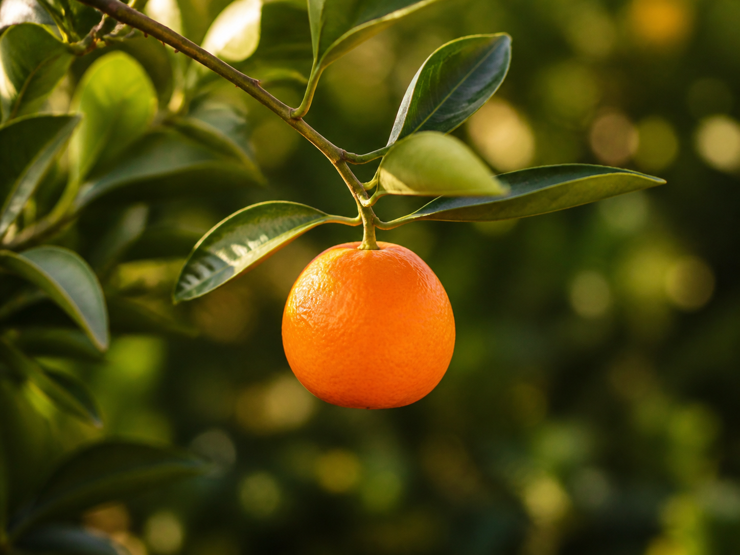 A ripe tangerine on a branch surrounded by glossy green leaves in warm sunlight.