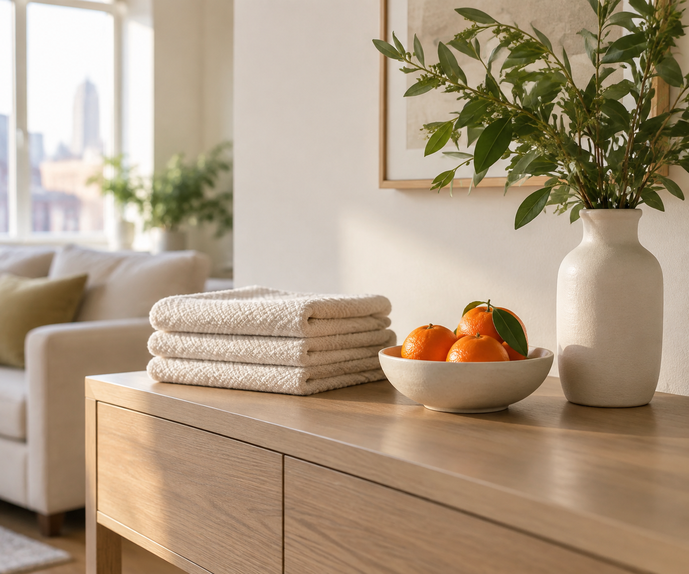 Freshly folded cream towels and a bowl of tangerines on a clean oak console beside leafy stems in a ceramic vase.