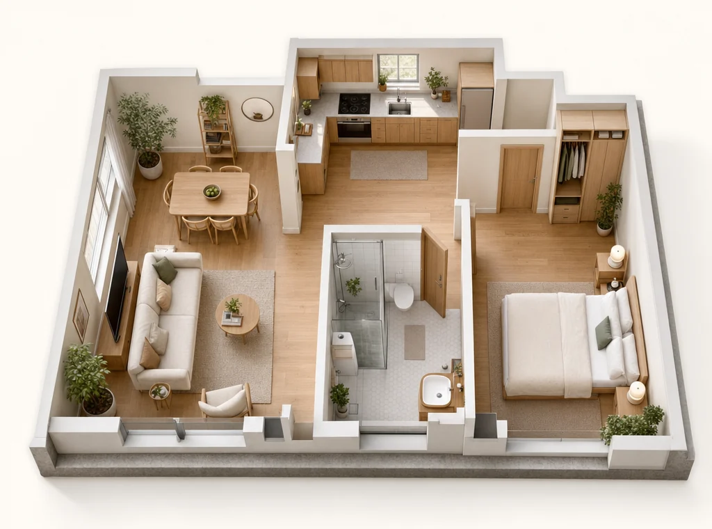Cutaway apartment with a living area, kitchen, bedroom and bathroom. Choose a room using the markers or buttons below.