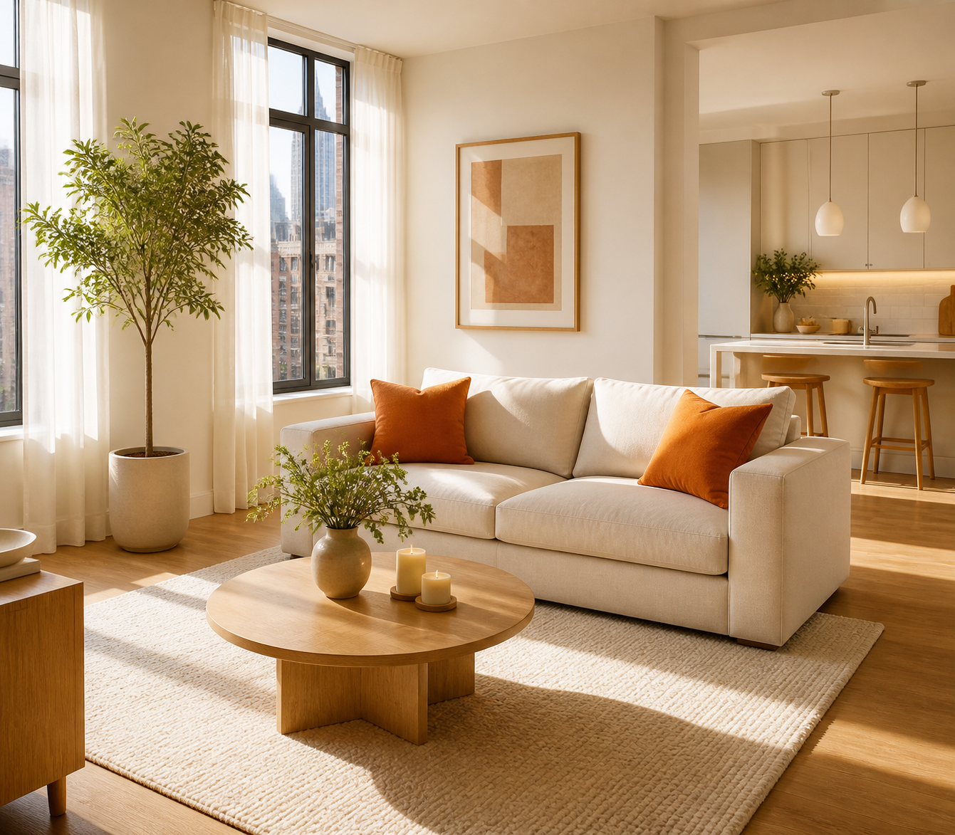 A bright, freshly cleaned living room with a cream sofa and tangerine cushions.