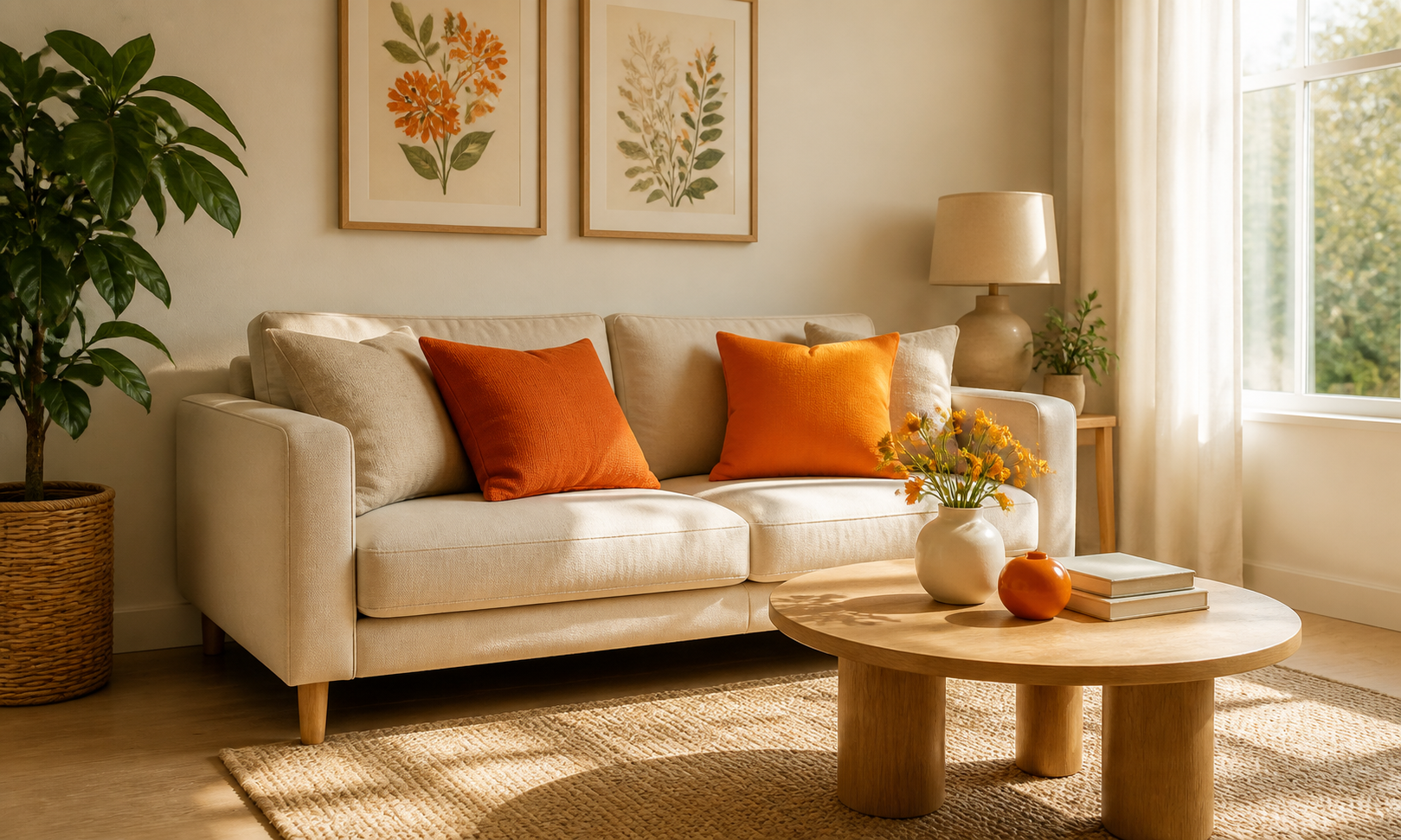 A sunlit, freshly tidied living room with a cream sofa, orange accent cushion, and flowers on a wooden coffee table.