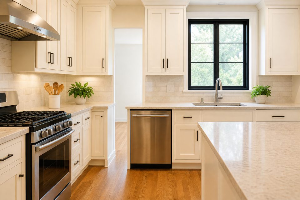 Bright clean kitchen with ivory cabinets and pale stone countertops