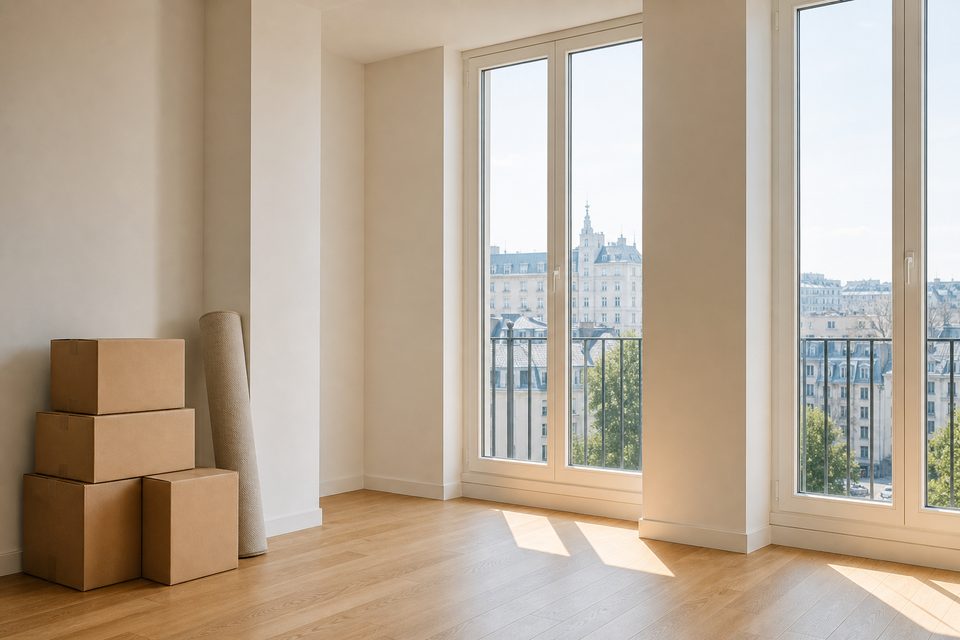 Moving boxes and a rolled rug in a clean, sunlit empty apartment