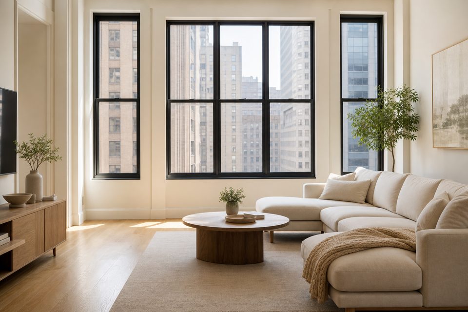Sunlit living room with a cream sofa, coffee table, and city views
