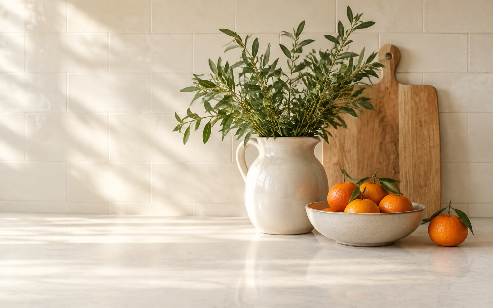 Leafy green stems in an ivory pitcher beside a wooden cutting board and a bowl of tangerines on a freshly cleaned kitchen counter.
